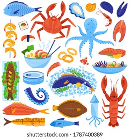 Seafood restaurant dish vector illustration flat set. Cartoon fresh or cooked food, sea products collection of crab salmon sushi, noodle shrimp mussel soup or baked fish, meals menu isolated on white