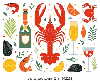 Seafood restaurant elements collection with drinks and sea animals such as lobster, crabs, shrimps and shells.