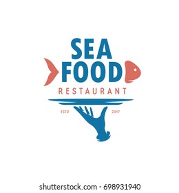 Seafood restaurant emblem. Human hand holding a salver. Vector vintage illustration.