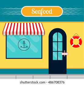 Seafood restaurant facade in flat style. EPS10 vector illustration of city public building square architecture. Small business restaurant design.