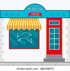 Seafood restaurant facade in flat style. EPS10 vector illustration of city public building square architecture. Small business restaurant design.