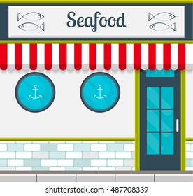 Seafood restaurant facade in flat style. EPS10 vector illustration of city public building square architecture. Small business restaurant design.