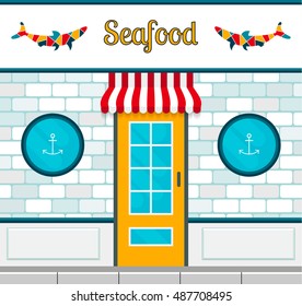 Seafood restaurant facade in flat style. EPS10 vector illustration of city public building square architecture. Small business restaurant design.