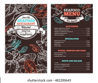 Seafood Restaurant Food Menu Design. Cafe Brochure On Chalkboard