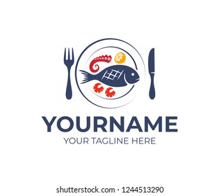 Seafood restaurant, fork, knife and plate with fish, octopus, squid, shrimp and lemon, logo design. Food, fast food, organic and natural meal, vector design and illustration