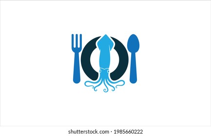 Seafood Restaurant fork plat and squid  icon logo design vector illustration
