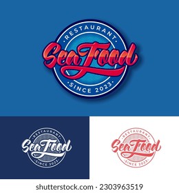 Seafood restaurant and fresh market emblem. Red lettering  with decoration curl on circle with letters. 