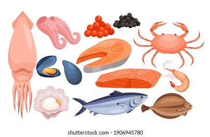 Seafood restaurant gourmet menu vector illustration. Cartoon fresh underwater ocean or sea animal and tuna fishes, salmon trout fillet and steak, red black caviar, prawn shellfish isolated on white