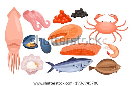 Seafood restaurant gourmet menu vector illustration. Cartoon fresh underwater ocean or sea animal and tuna fishes, salmon trout fillet and steak, red black caviar, prawn shellfish isolated on white