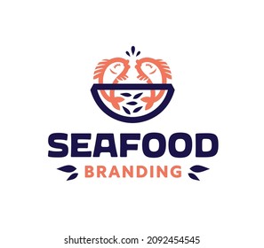 Seafood restaurant graphic badge logo icon design Cute cheerful fishes in poke bowl with veggies illustration Healthy raw low carbs calorie diet Asian Hawaiian food Fish market