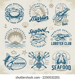 Seafood restaurant labels set colorful with shrimp and fish or lobster with shell for coastal street food cafes vector illustration