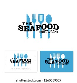 Seafood restaurant logo. Blue utensils and letters like wave. Shabby style