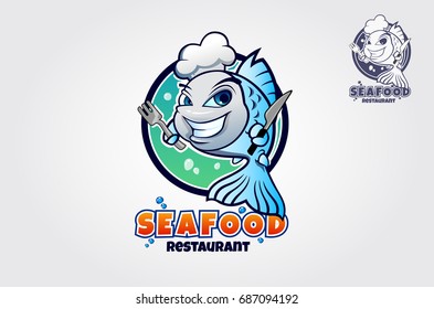 Pescado azul vectorial con sombrero de chef. Caricatura con logotipo. Plantilla de logotipo del chef de mariscos es una excelente plantilla de logotipo muy adecuada para empresas de alimentación, restaurantes, mariscos y restaurantes