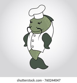 Seafood restaurant logo with Chef fish. Catfish in a chef's hat character. Design element for sea food cafe, restaurant, grill bar, gourmet, Sushi bar, sushi delivery. Seafood icon, template, design.
