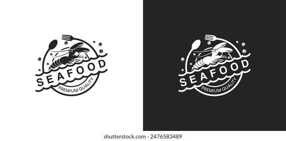 Plantilla de diseño del logotipo del restaurante de mariscos, sello de Vector de camarón de langosta