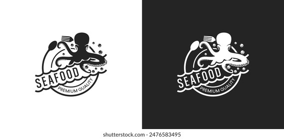 Seafood restaurant logo design template, octopus symbol premium vector label