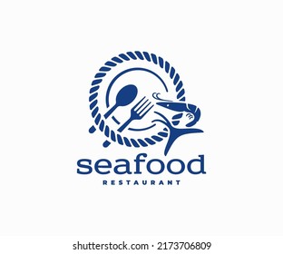 Seafood restaurant logo design. Vector design of an sea rope, plate, fork, spoon and marine life. Fresh ocean food, tuna fish and shrimp logotype