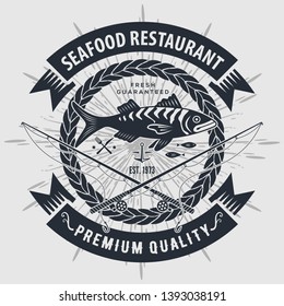 Seafood restaurant logo with fish and fishing rods. Vintage badge design. Vector illustration.
