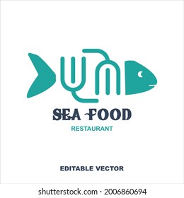 Seafood restaurant logo. Fish and two fork icon vector in white background for restaurant or business