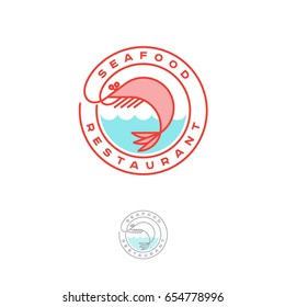 Seafood restaurant logo. Pink shrimp with waves and letters in a circle. 