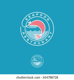 Seafood Restaurant Logo. Pink Shrimp With Waves And Letters In A Circle. 