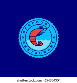 Seafood restaurant logo. Pink shrimp with waves and letters in a circle. 