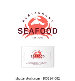 Seafood restaurant logo. Red crab silhouette emblem. Identity. Business card.