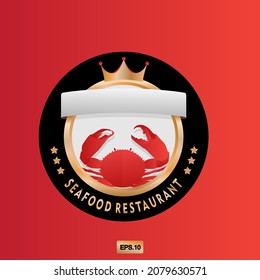 seafood restaurant logo with red crab , star and cown in gold circle