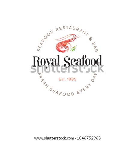 Seafood restaurant logo. Red prawn. Watercolor shrimp illustration emblem. 