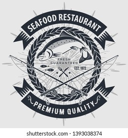 Seafood restaurant logo with Salmon fish and fishing rods. Vintage badge design. Vector illustration.