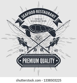 Seafood restaurant logo  with Sea Turtle and fishing rods. Vintage badge design. Vector illustration. 