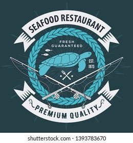 Seafood restaurant logo with Sea Turtle and fishing rods. Vintage badge design. Vector illustration.