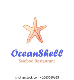 Seafood restaurant logo with shell in cartoon style. Vector illustration