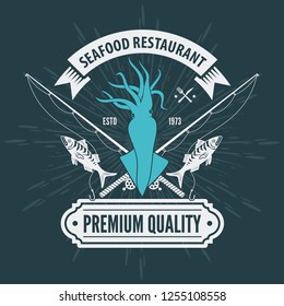 Seafood restaurant logo  with Squid and fishing rods. Vintage badge design. Vector illustration. 