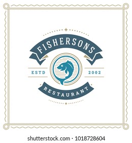 Seafood restaurant logo vector illustration. Market emblem, fish silhouette. Vintage typography badge design.