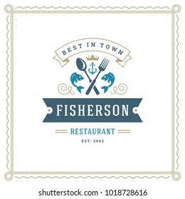 Seafood restaurant logo vector illustration. Market emblem, fish silhouette. Vintage typography badge design.