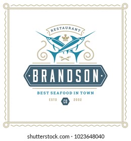 Seafood restaurant logo vector illustration. Market emblem, sword fish silhouette. Vintage typography badge design.
