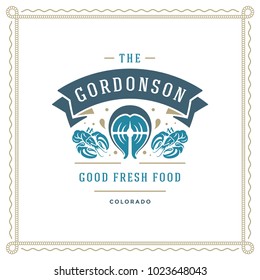 Seafood restaurant logo vector illustration. Market emblem, fish fillet silhouette. Vintage typography badge design.