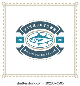 Seafood restaurant logo vector illustration. Market emblem, fish silhouette. Vintage typography badge design.