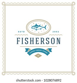 Seafood restaurant logo vector illustration. Market emblem, fish silhouette. Vintage typography badge design.