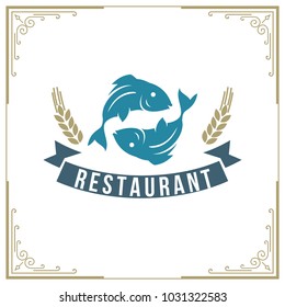 Seafood restaurant logo vector illustration. Market emblem. Vintage typography badge design.