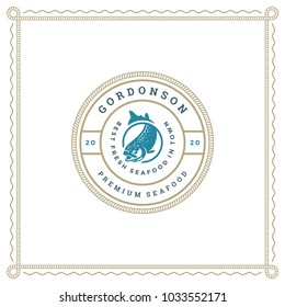 Seafood restaurant logo vector illustration. Market emblem, fish silhouette. Vintage typography badge design.