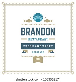 Seafood restaurant logo vector illustration. Market emblem, fish silhouette. Vintage typography badge design.