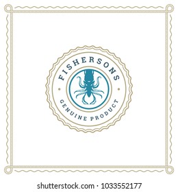 Seafood restaurant logo vector illustration. Market emblem, squid silhouette. Vintage typography badge design.