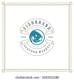 Seafood restaurant logo vector illustration. Market emblem, fish silhouette. Vintage typography badge design.