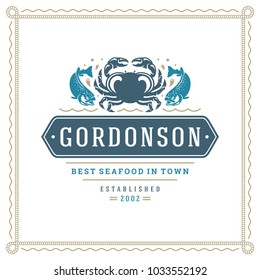 Seafood restaurant logo vector illustration. Market emblem, crab silhouette. Vintage typography badge design.