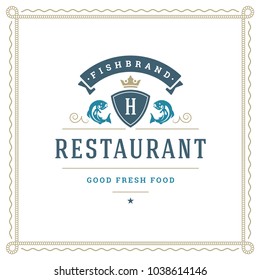 Seafood restaurant logo vector illustration. Market emblem, fish silhouette. Vintage typography badge design.