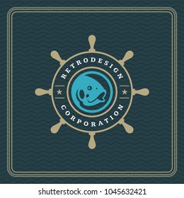 Seafood restaurant logo vector illustration. Market emblem, fish silhouette. Vintage typography badge design.