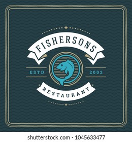 Seafood restaurant logo vector illustration. Market emblem, fish silhouette. Vintage typography badge design.