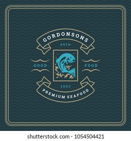 Seafood restaurant logo vector illustration. Market emblem, fish silhouette. Vintage typography badge design.